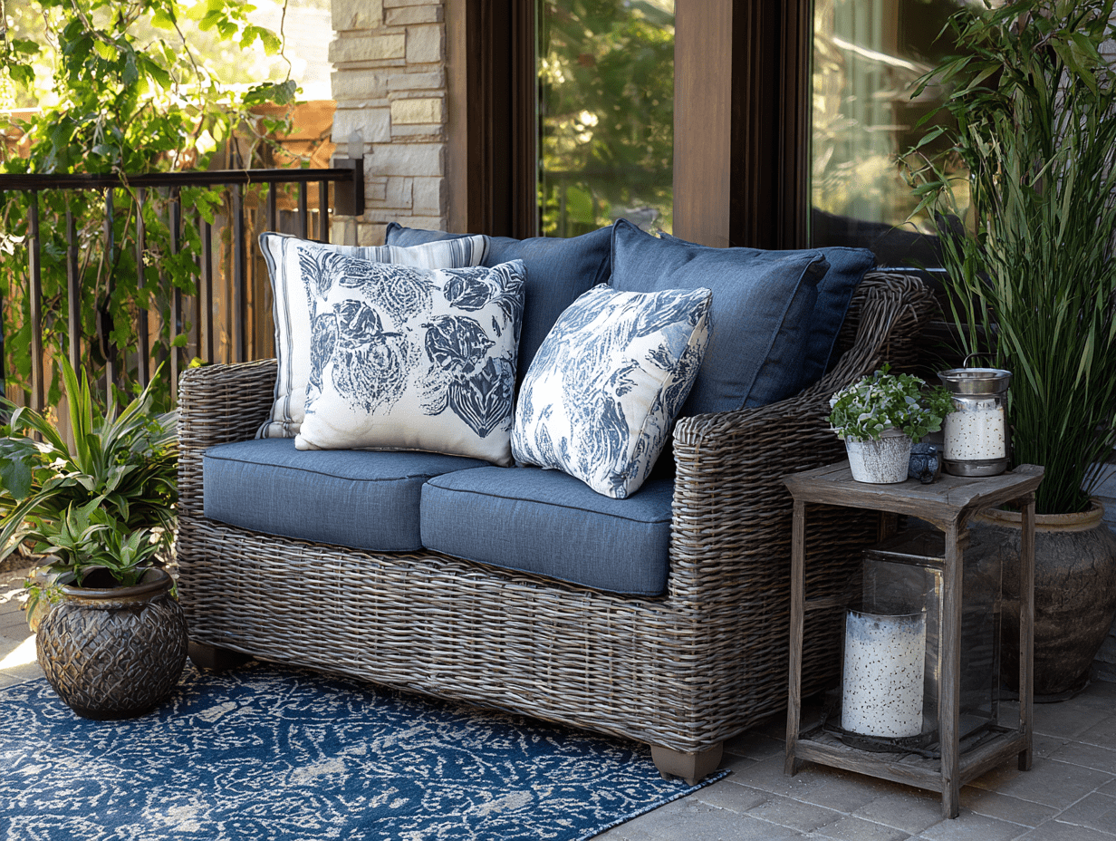 Outdoor wicker loveseat with thick cushions and throw pillows, styled on a small patio with potted plants and a side table