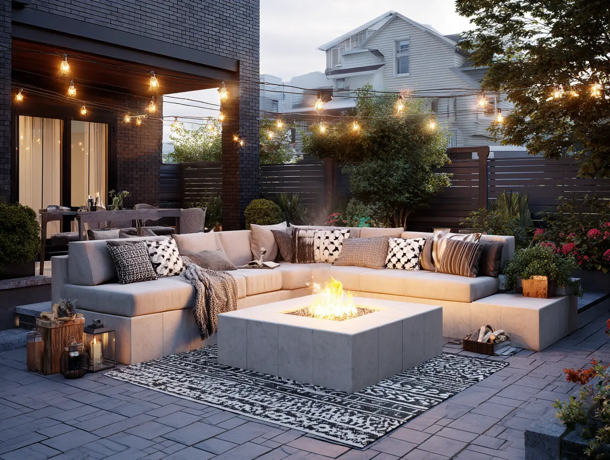 Backyard living room style fire pit setup with cushioned sectional, patterned rug, glowing fire pit, and string lights draped overhead.