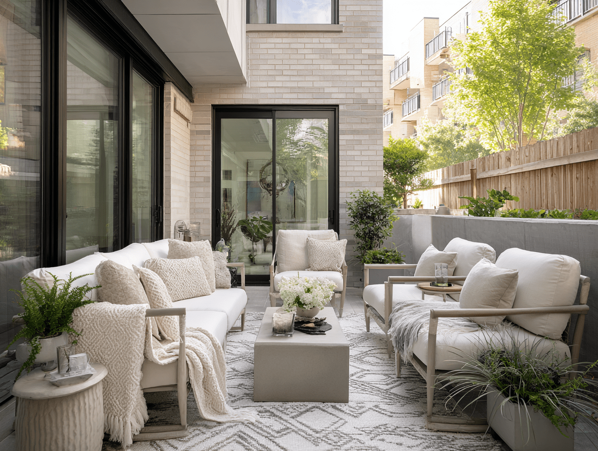 Stylish townhouse patio featuring a modern color palette with coordinating outdoor furniture and soft textures.