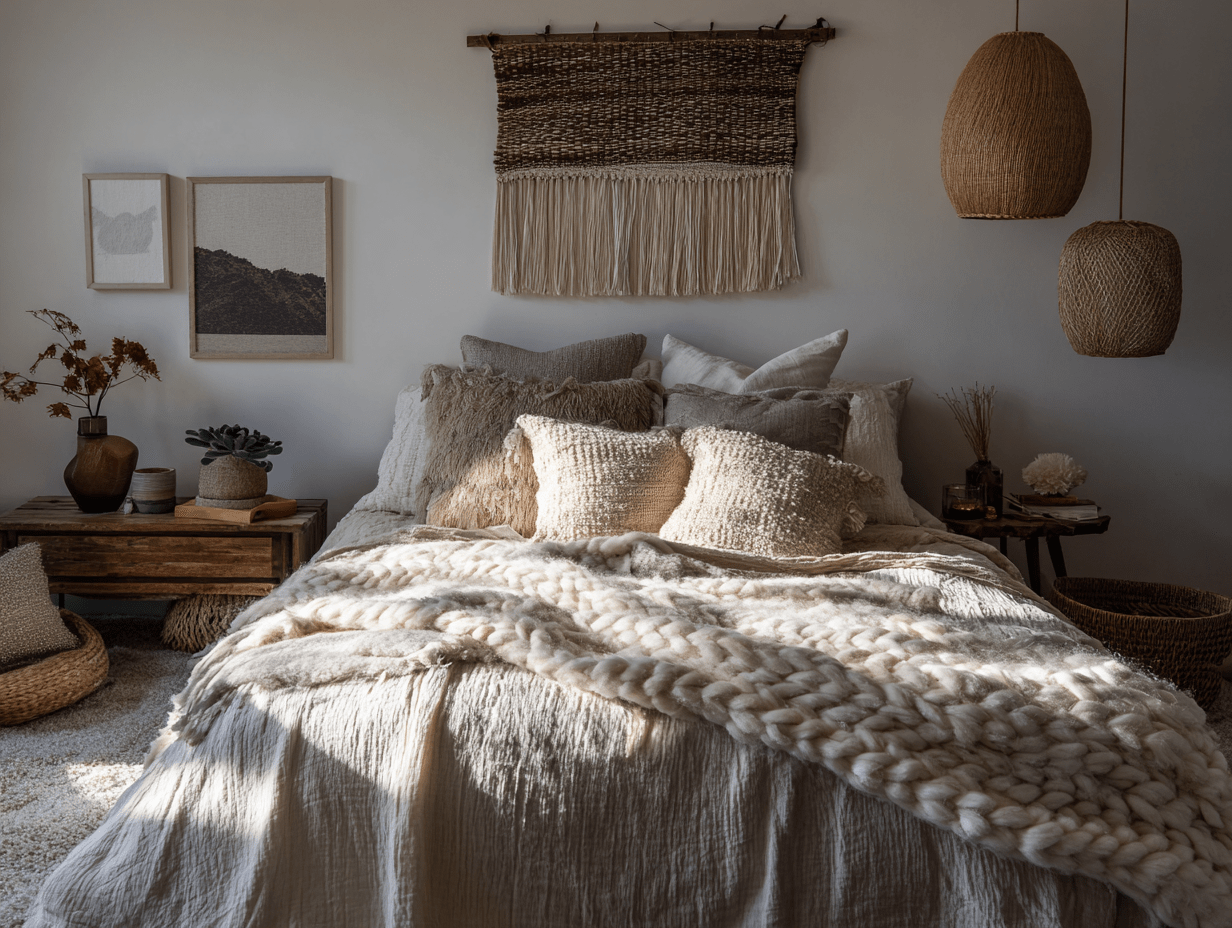 Cozy Boho Bedroom wall featuring a woven wood art piece above a headboard with layered pillows and textured bedding.