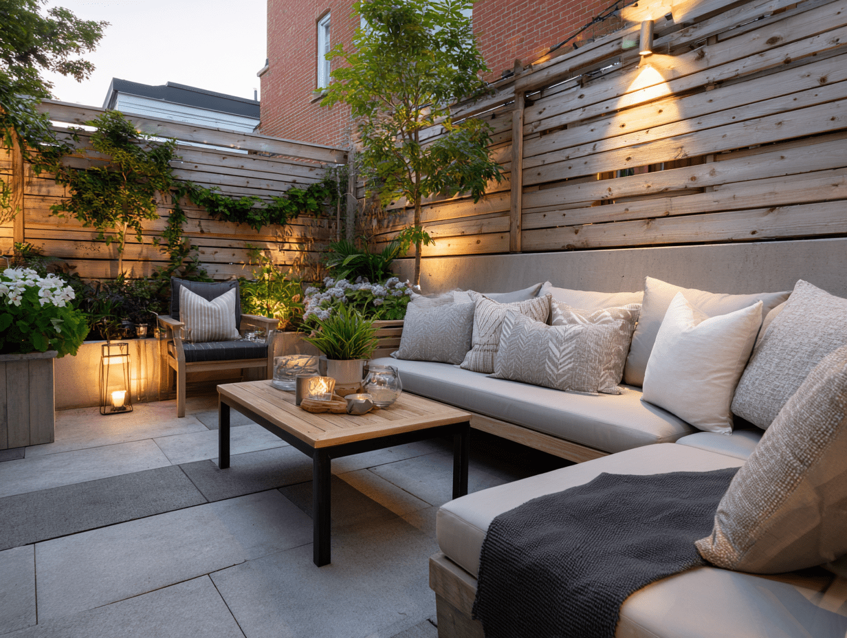 Small townhouse backyard with defined seating and garden zones, styled with interlocking patio tiles for separation.