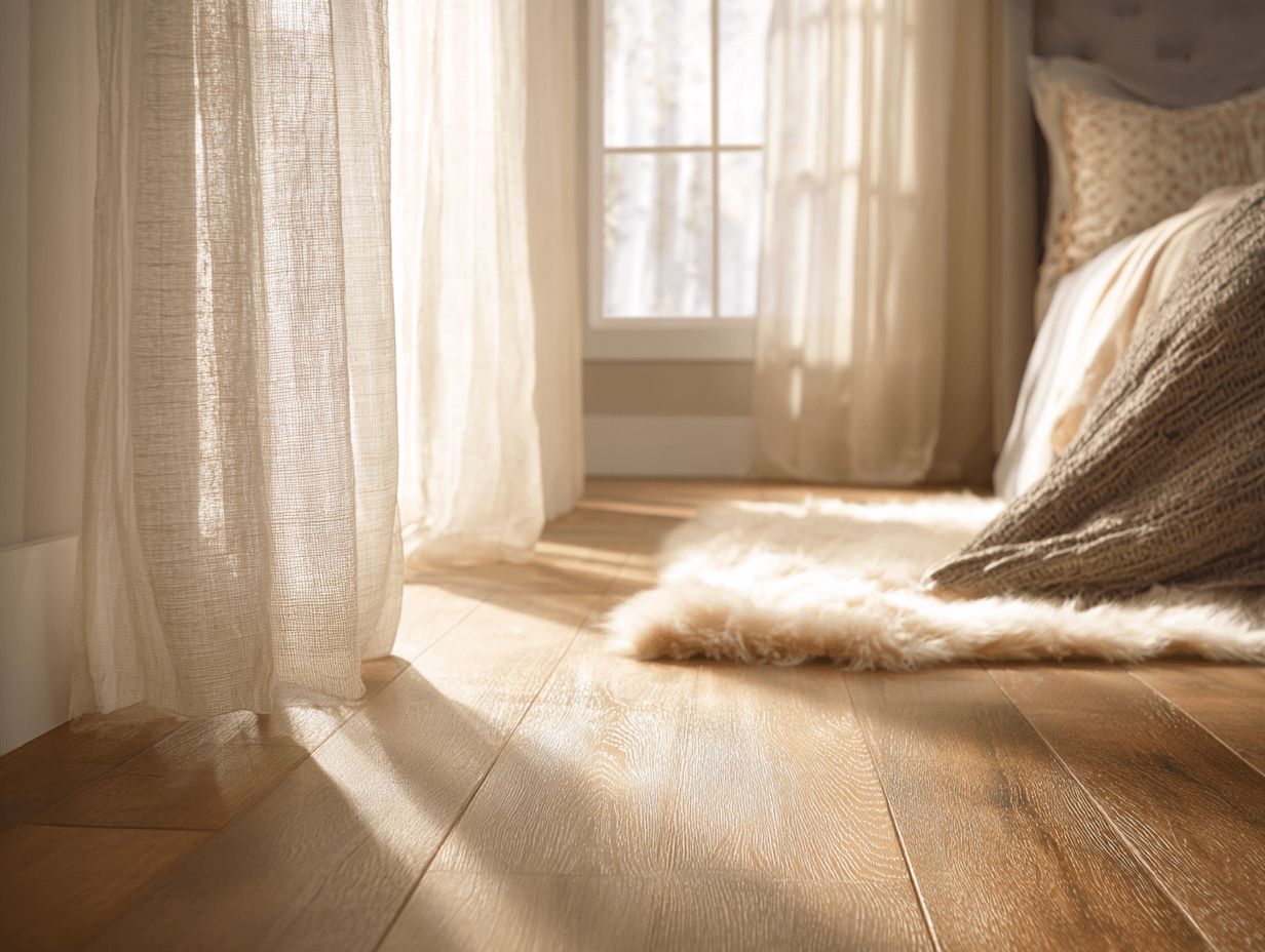 Best curtains that are floor-length- linen curtains softly filtering sunlight in a bright, modern bedroom with layered textures and wood accents.