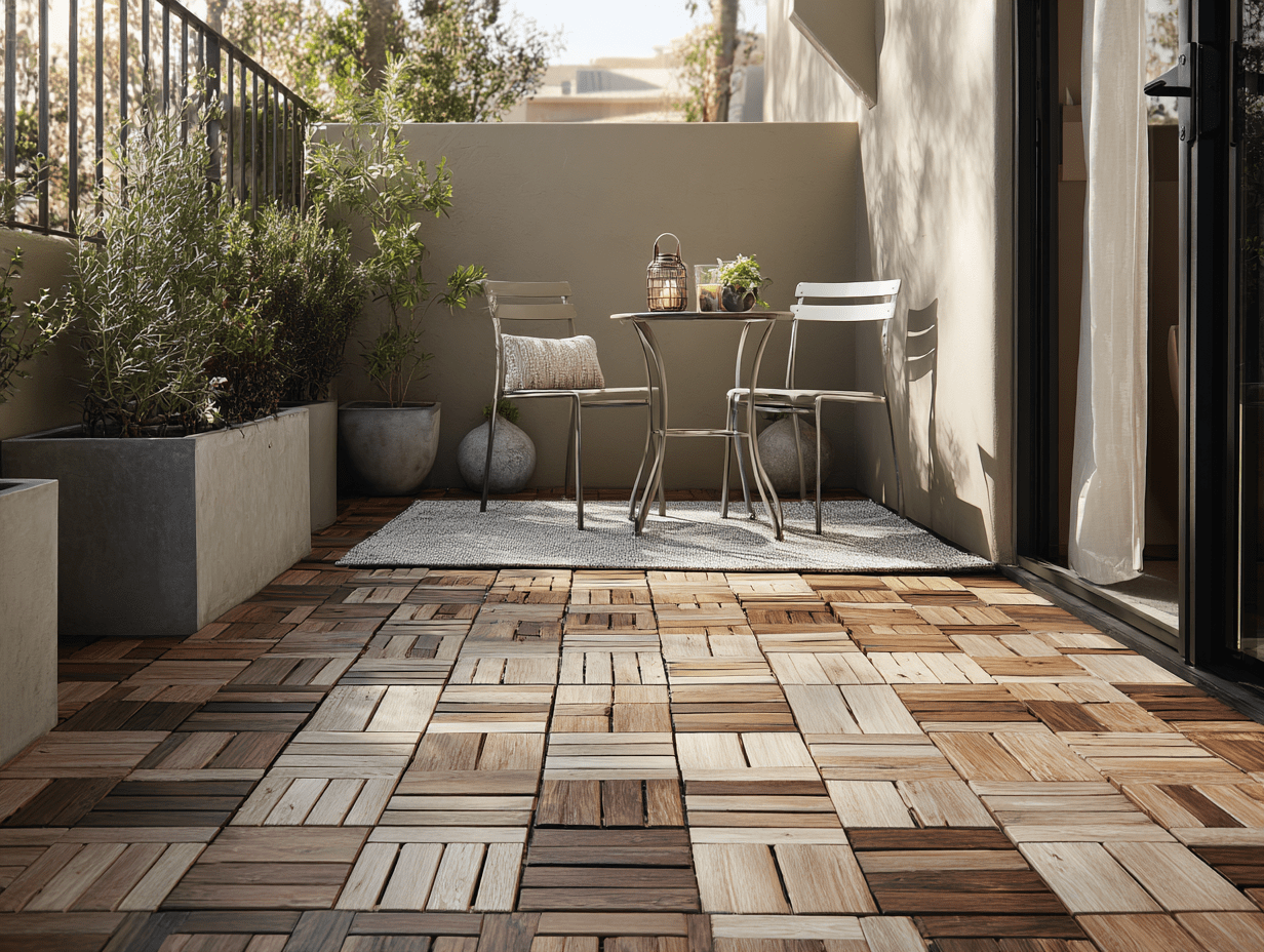 Townhouse patio featuring a wood-look deck tile system layered over concrete with a neutral rug and small café table.