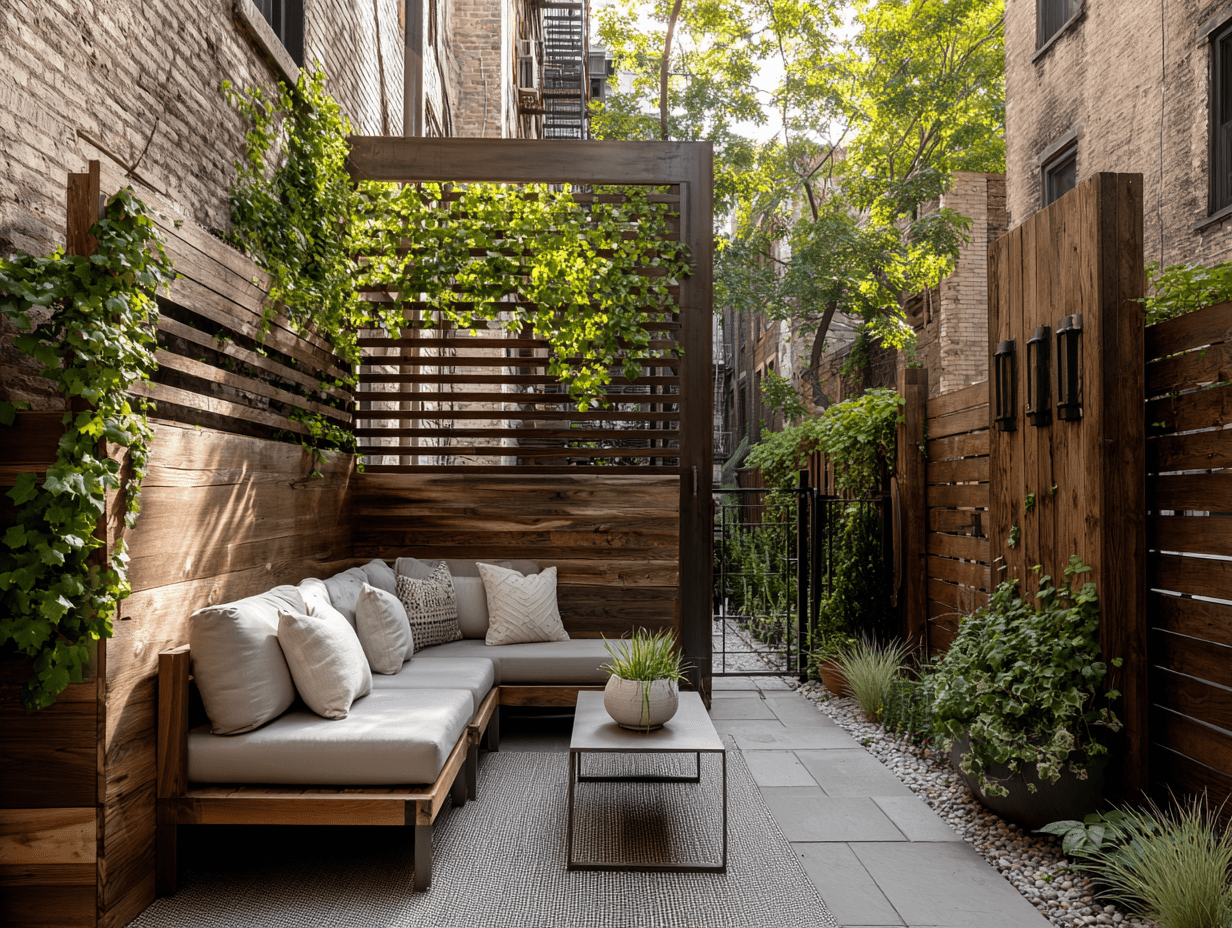 Townhouse backyard with layered privacy including a modern fence, climbing vines, and a freestanding outdoor privacy screen behind seating.