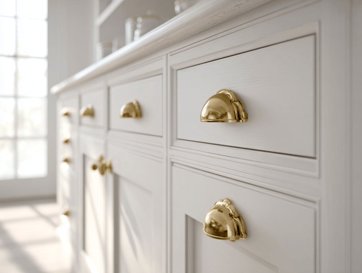 Close-up of brushed brass cup pulls on white farmhouse cabinets, adding contrast and designer-level detail.