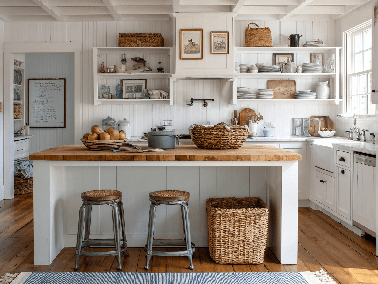 Small modern farmhouse kitchen with white cabinets, open wood shelving, and black hardware creating bold contrast in a compact space.