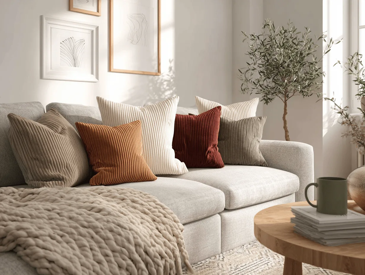 Neutral autumn pillow covers on a modern sofa with soft lighting