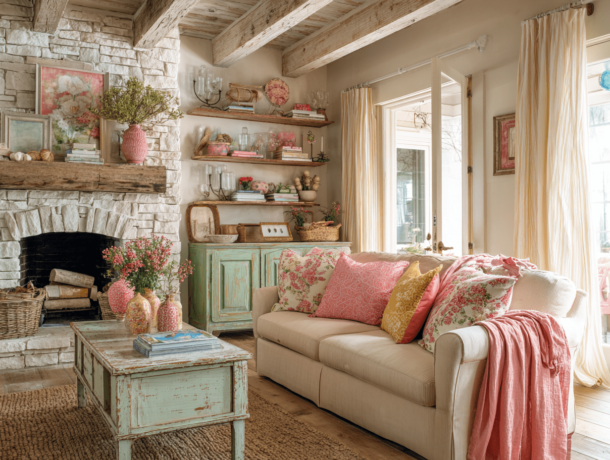 Country-style living room with reclaimed wood shelf, vintage accents, and soft textiles that blend rustic charm with a lived-in feel.