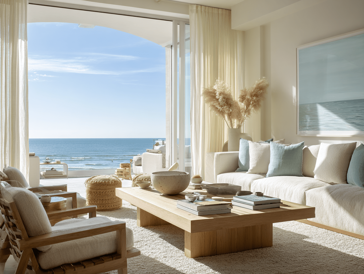 Beach-inspired living room with rattan furniture, soft linen textiles, and warm neutral tones for a coastal yet cozy feel.