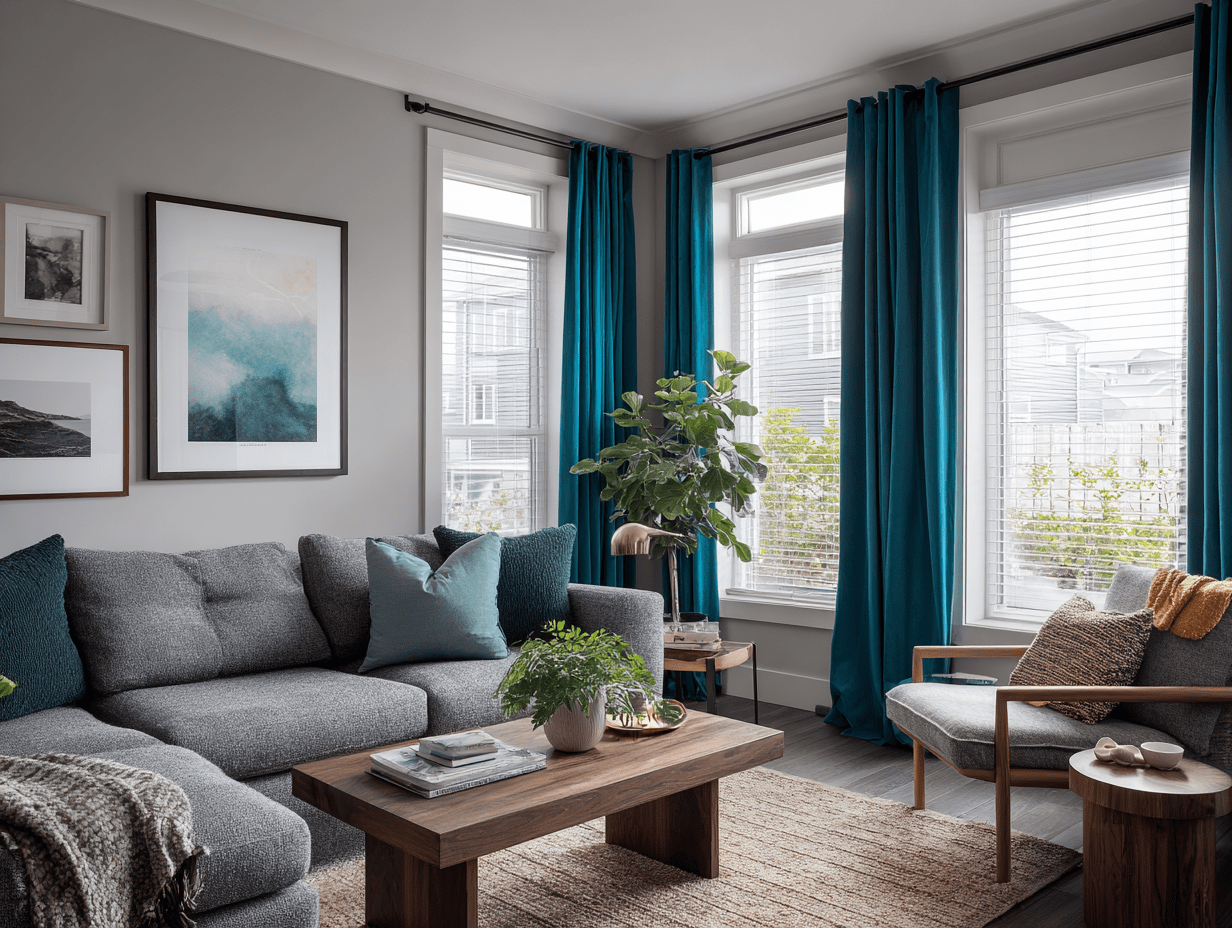 Deep teal curtains hanging against light gray walls in a modern living room, with wood accents and soft lighting for contrast and warmth.