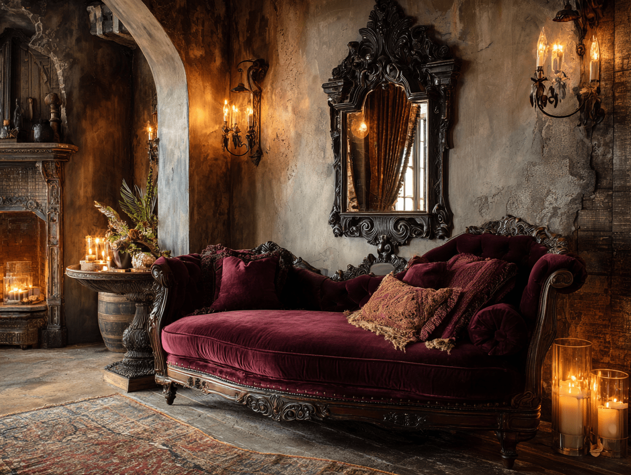 Gothic-inspired living space with dark velvet accents, antique mirror, and warm ambient lighting for a soft, dramatic atmosphere.