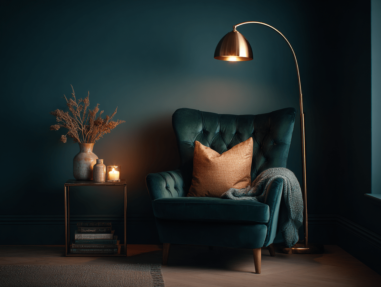 Elegant reading corner with velvet cushions, brass floor lamp, and layered textures for a warm, upscale look.