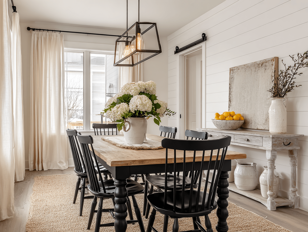 Modern farmhouse kitchen with a rustic wood table, ladder-back chairs, and neutral decor that blends comfort and style.