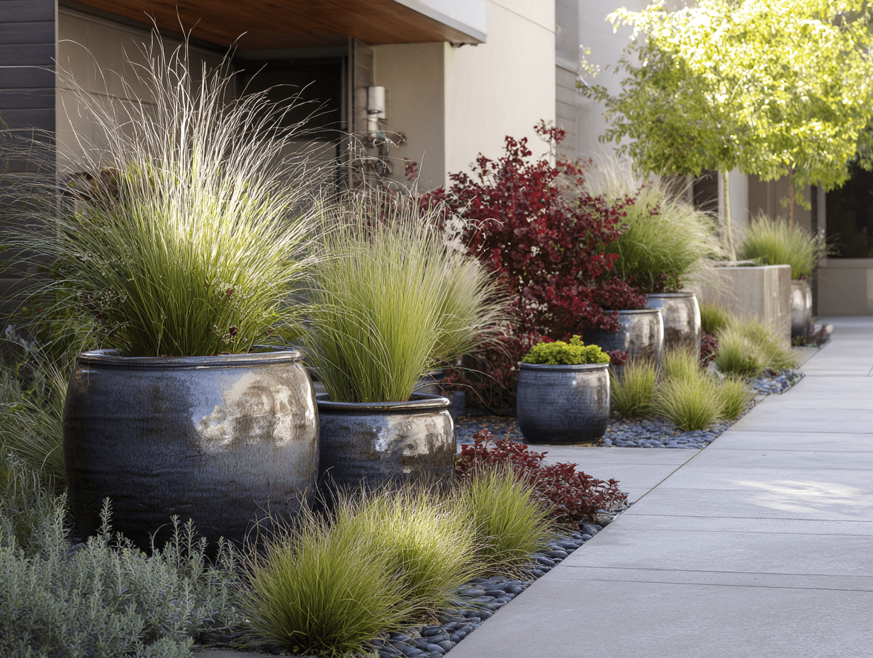 Stylish front yard featuring ornamental grasses in ceramic planters layered between colorful shrubs and ground cover.
