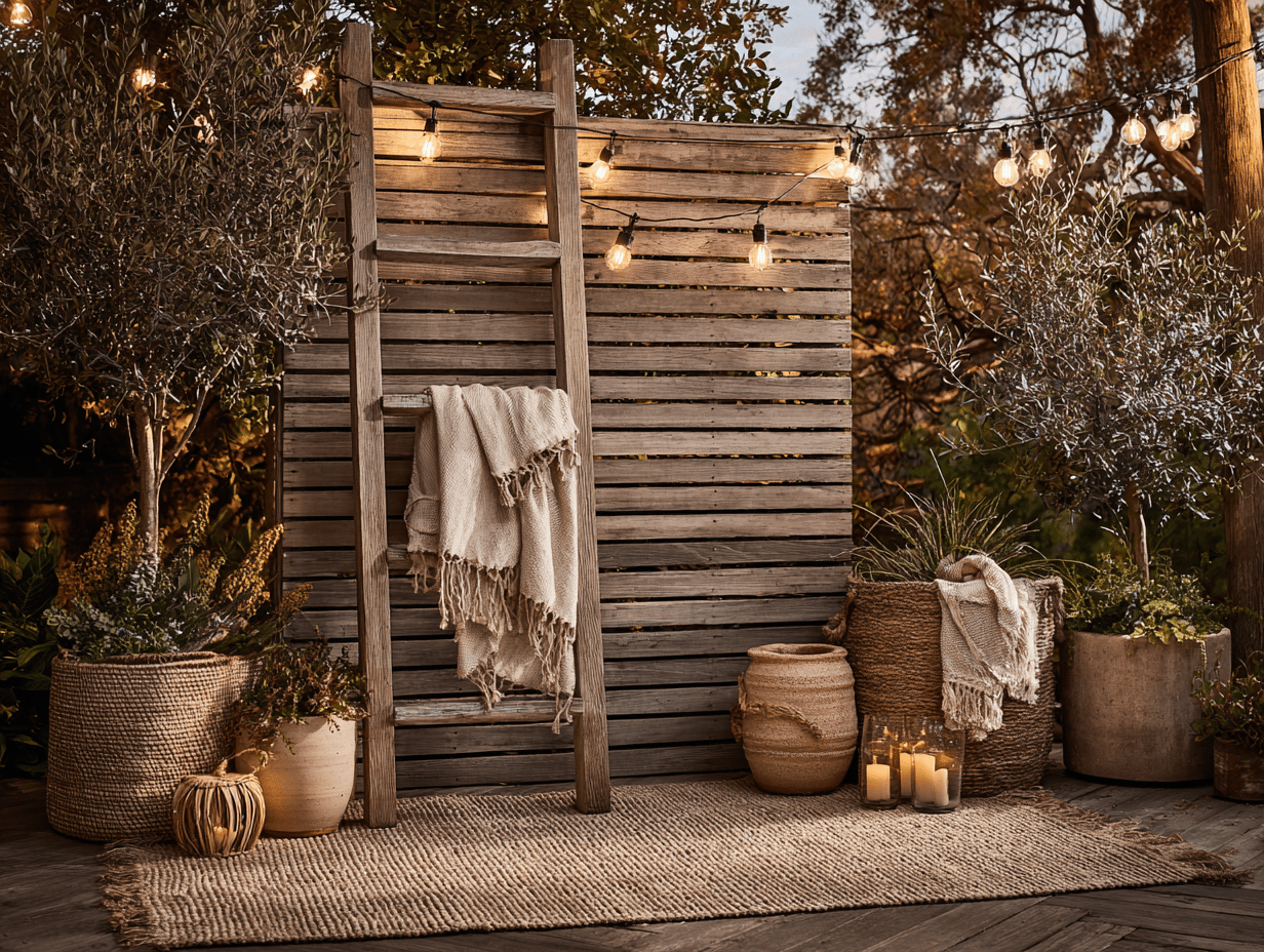Layered neutral rug with a wooden ladder, throw blanket, and string lights in a small backyard setup.