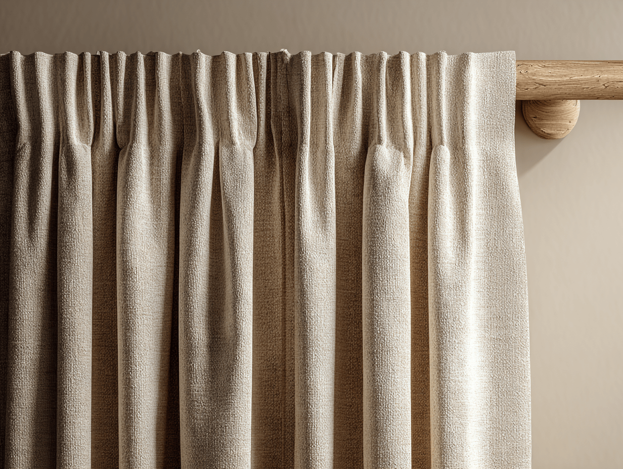 Close-up of curtain fabrics including linen, velvet, and cotton blend panels hanging on a rod, showcasing texture and weight in a soft-lit room.