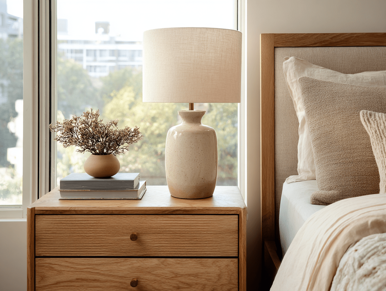 Cozy bedroom lights featuring a Modern oak nightstand with fluted drawers, styled with a ceramic lamp and books in a cozy bedroom setting.