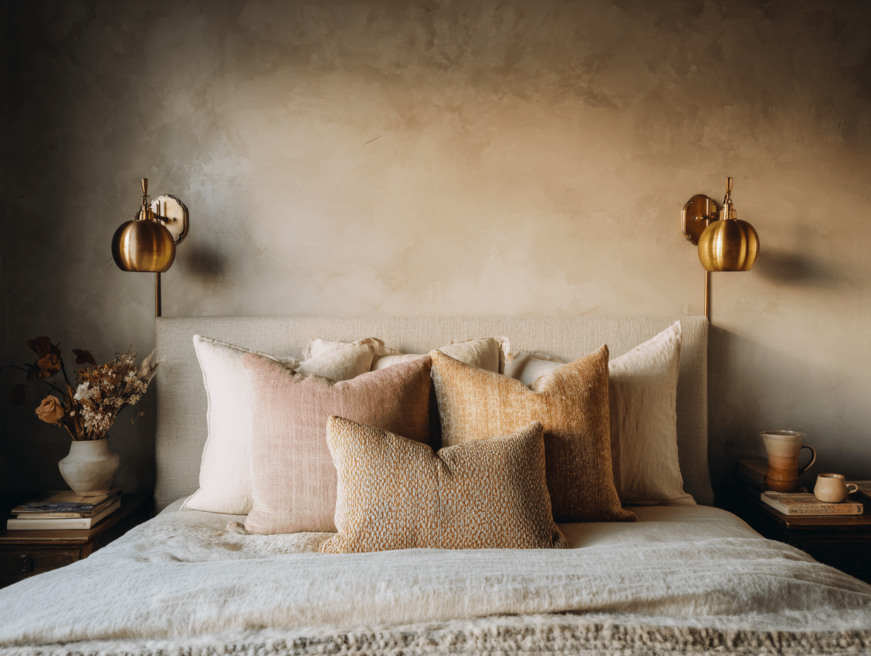 Cozy Bedroom Decor with a wall with two matching brass plug-in sconces flanking the bed, casting a warm glow over layered pillows.