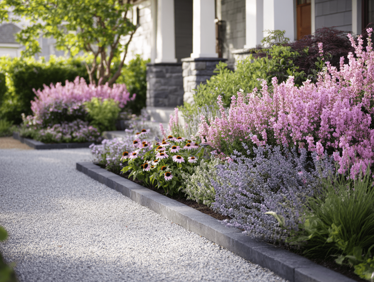 Front yard with crisp landscape edging separating gravel path from lush flower bed, creating structure and clean lines.