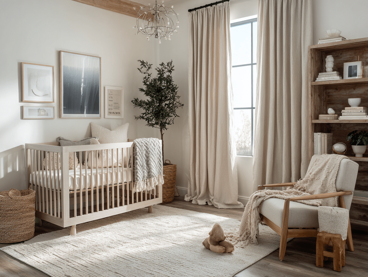 Neutral blackout curtains in a calming nursery with a white crib, textured rug, and soft lighting for a soothing, sleep-friendly setup.