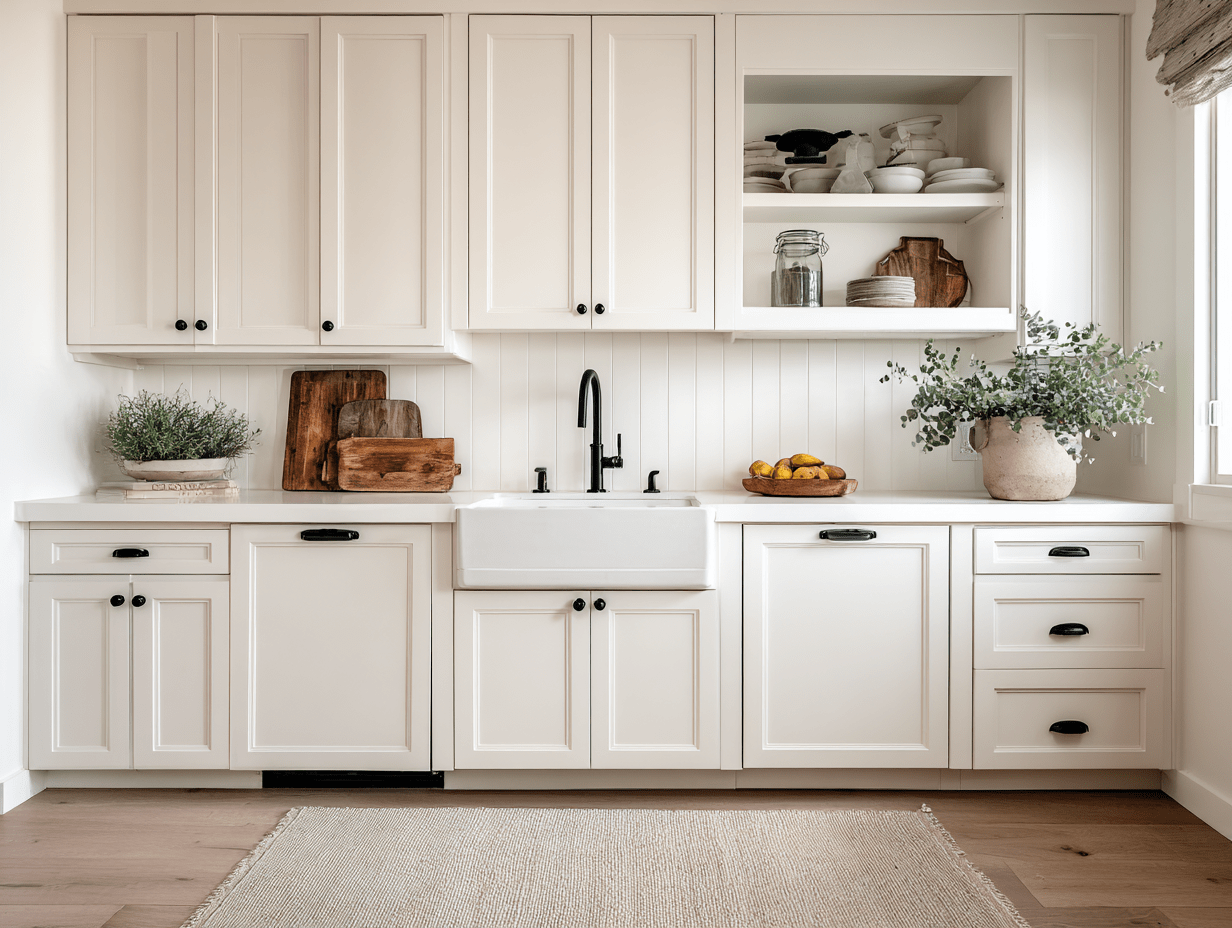 White modern farmhouse cabinets with matte black hardware and soft lighting, creating a clean but lived-in look.