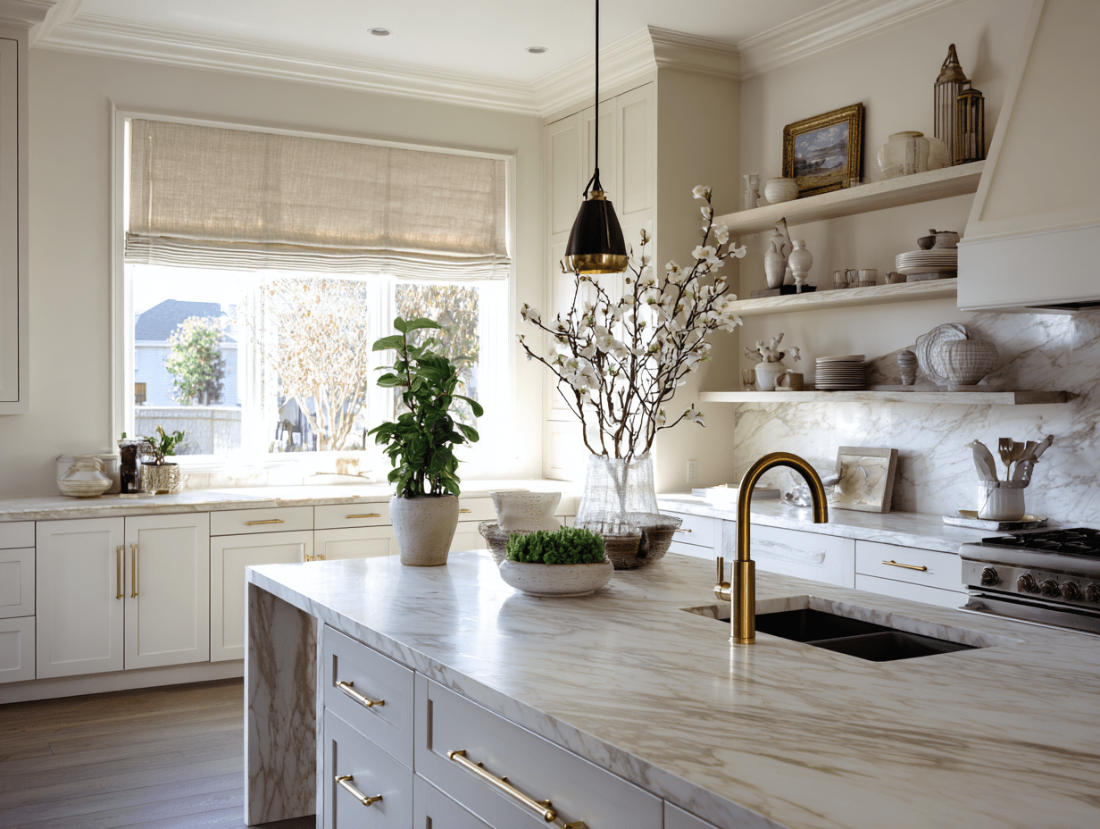 White modern farmhouse kitchen with wood beams, gold fixtures, and open shelving styled with functional decor and vintage charm.