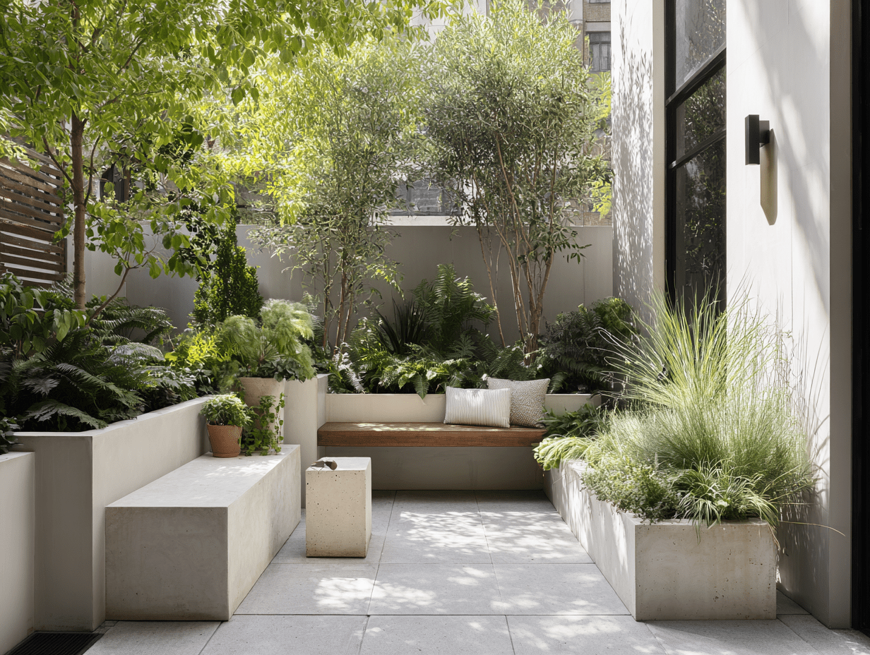 Minimalist townhouse backyard with potted greenery and small raised beds lining the fence for soft, structured plant life.