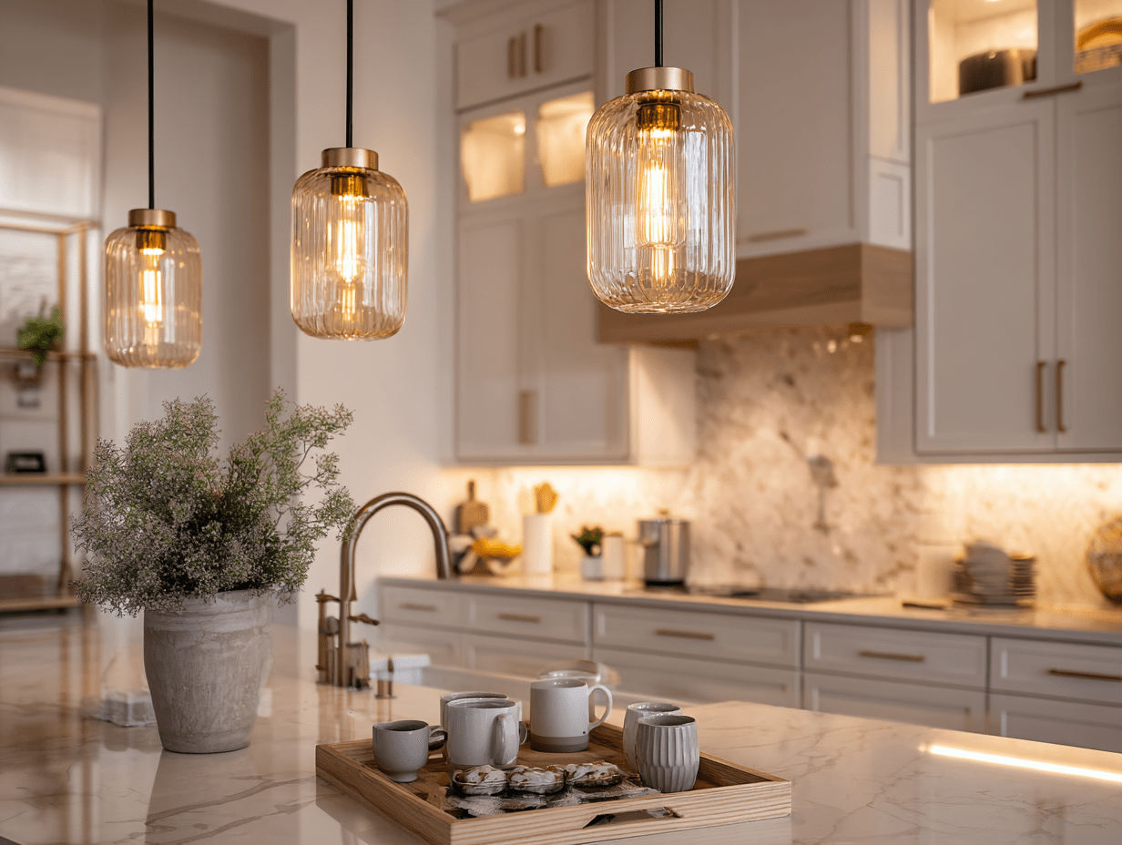 Modern farmhouse kitchen with warm glass pendant lights, under-cabinet LED strips, and a cozy countertop lamp for layered ambiance.