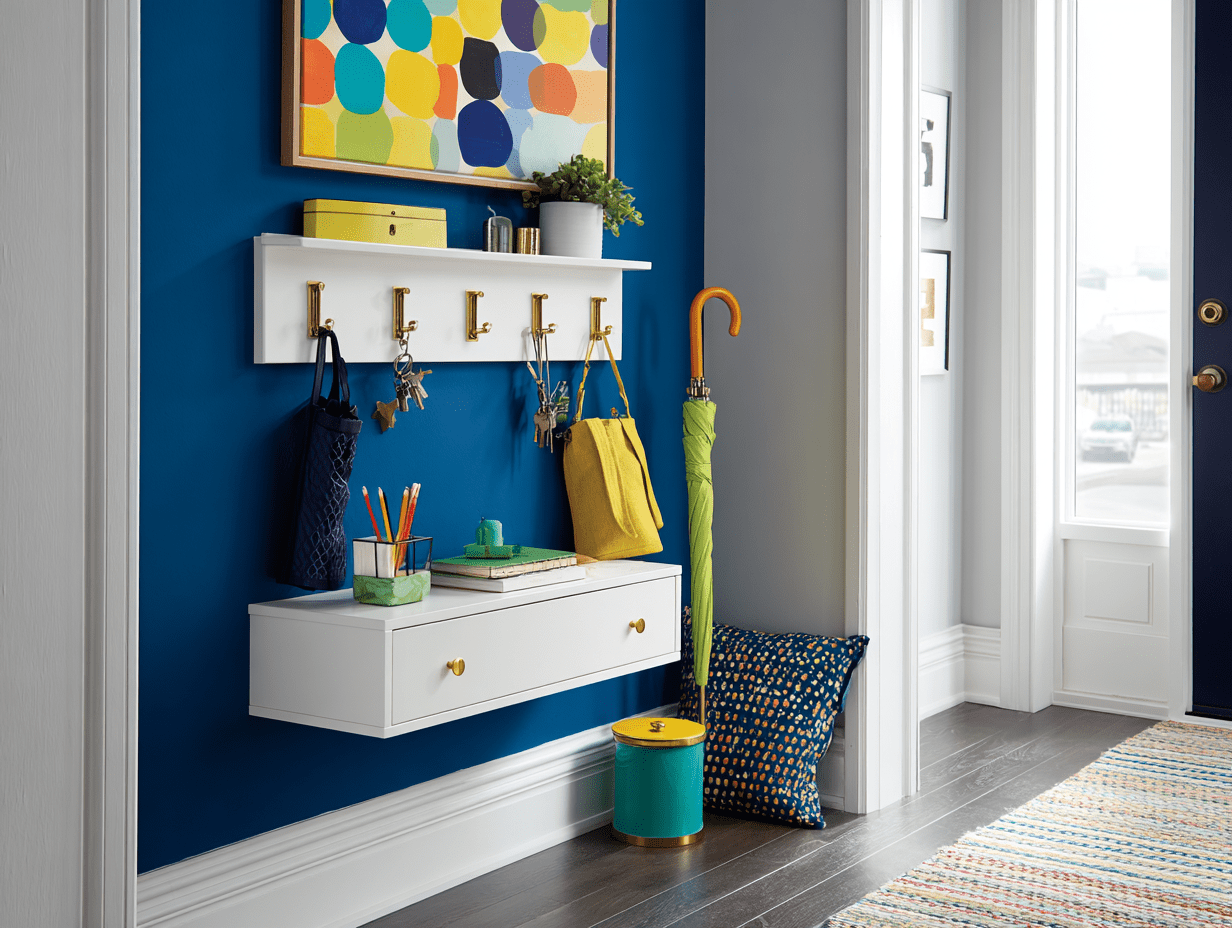 Entryway tray with hooks and mail holder styled on a wall above a rustic bench with woven basket