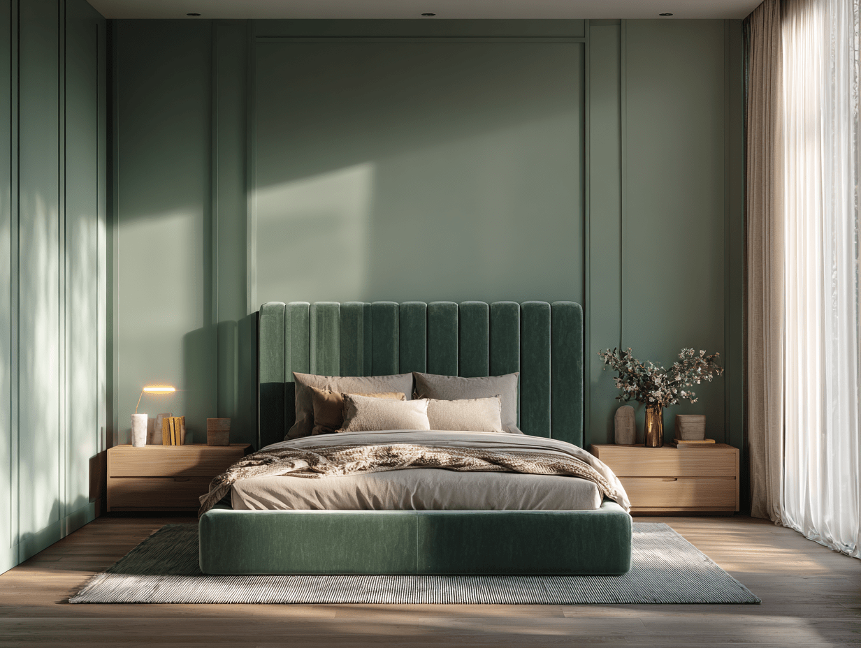 Cozy bedroom decor with dark green walls, warm wood furniture, and soft layered lighting — moody and cozy without feeling heavy.