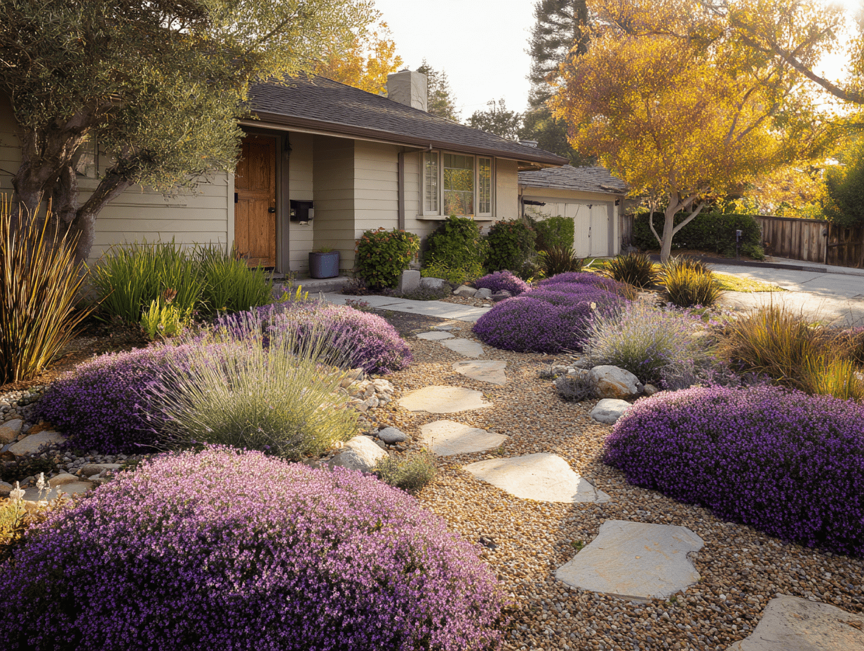Front yard landscaped with creeping thyme as ground cover, adding texture, color, and a soft, flowering alternative to traditional grass.