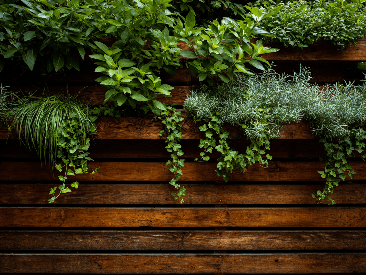 Vertical garden wall with stacked planters, herbs, and cascading faux ivy on a wood fence.