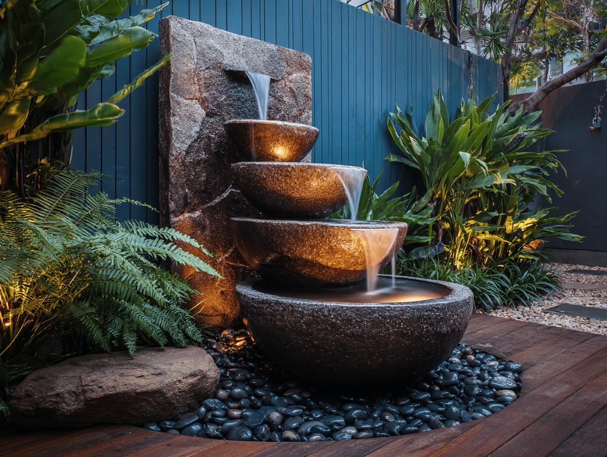 Small backyard with tiered fountain and greenery on a modern patio