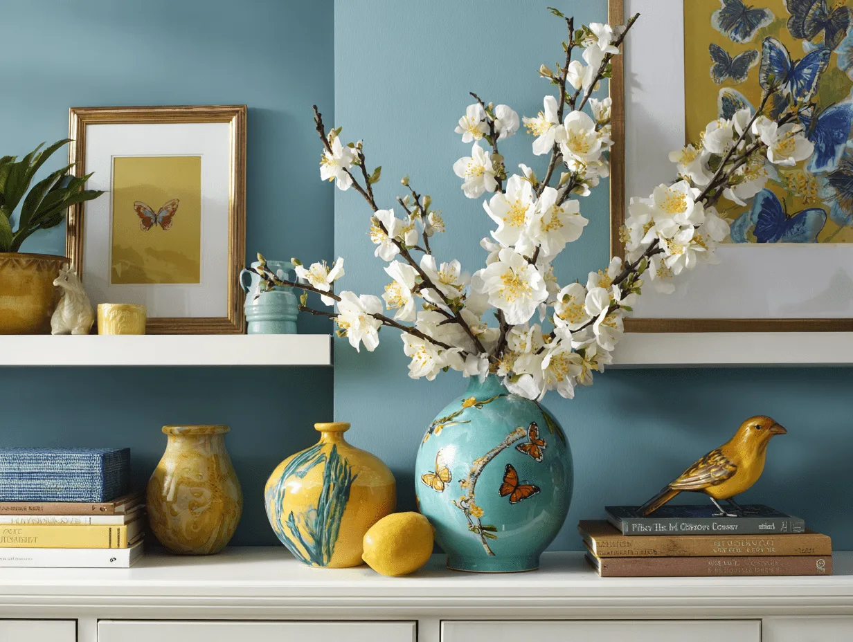 Home staging tips: Mixed high and low home accents on a shelf: marble tray, thrifted books, ceramic bowl, and minimalist vase