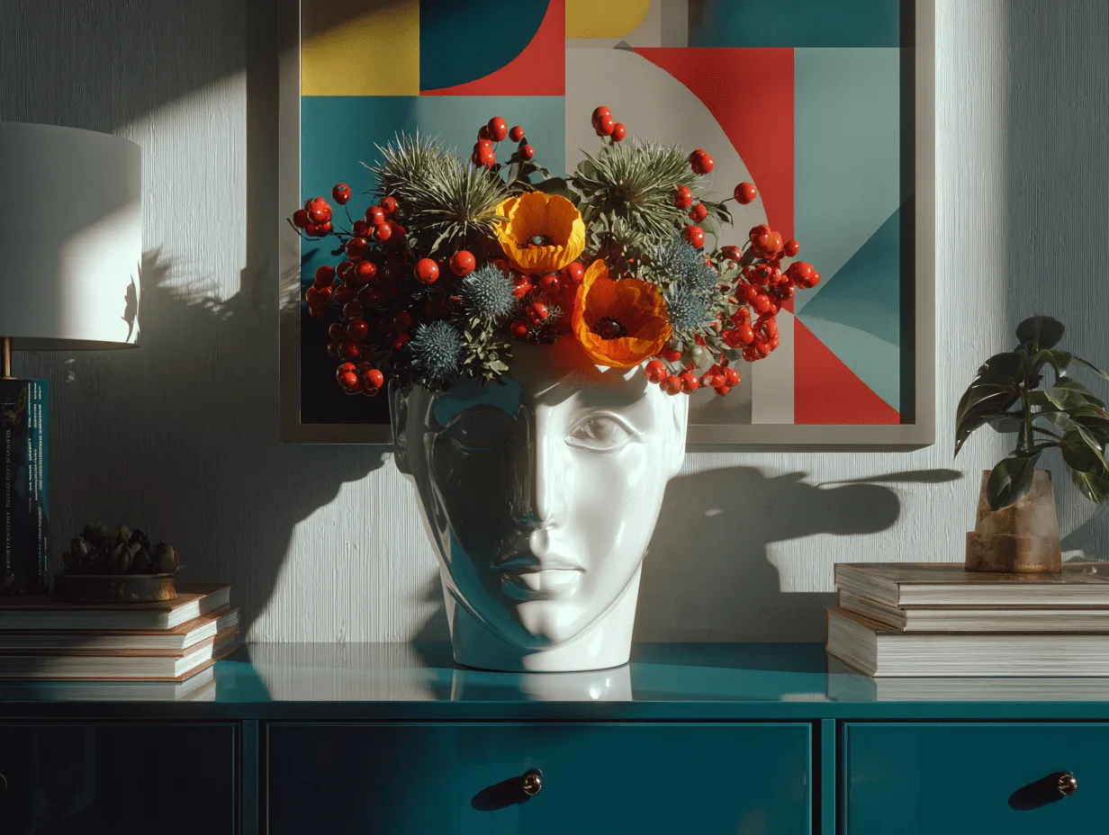 Ceramic abstract face vase styled on a shelf with pops of color.