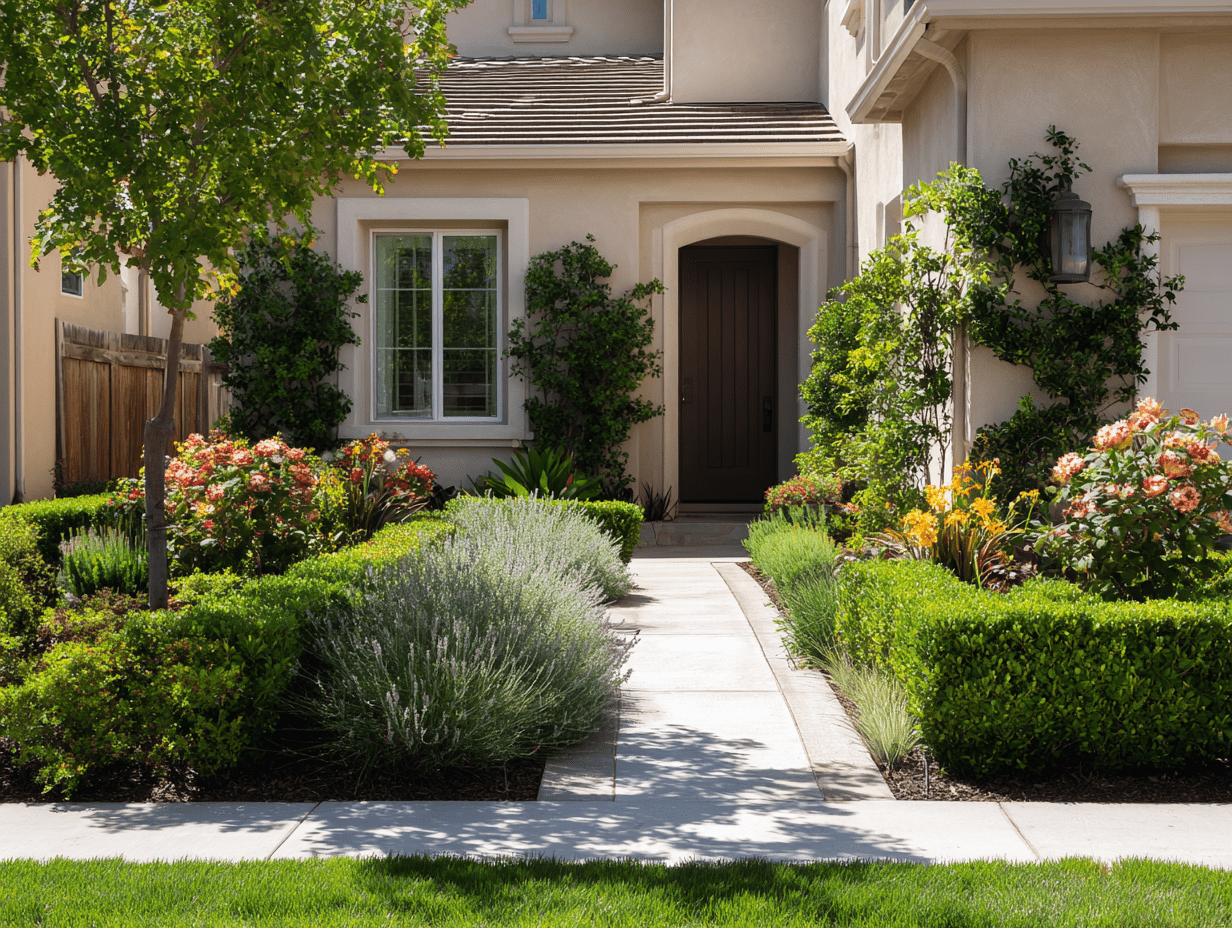 Freshly landscaped small front yard with trimmed hedges, a clean walkway, and pops of color from easy-care plants.