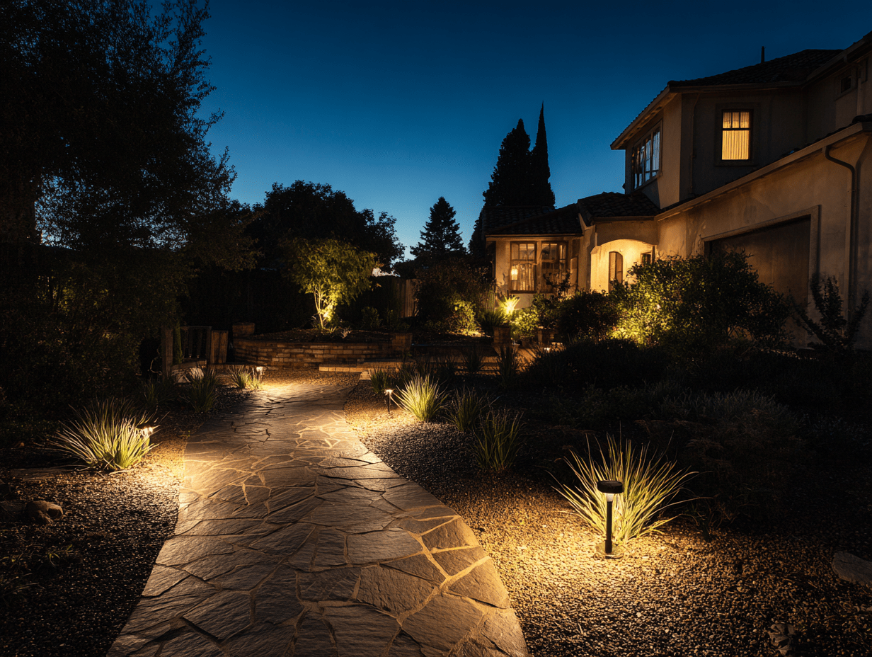 Evening front yard with solar-powered pathway lights softly illuminating the walkway and highlighting nearby landscaping details.