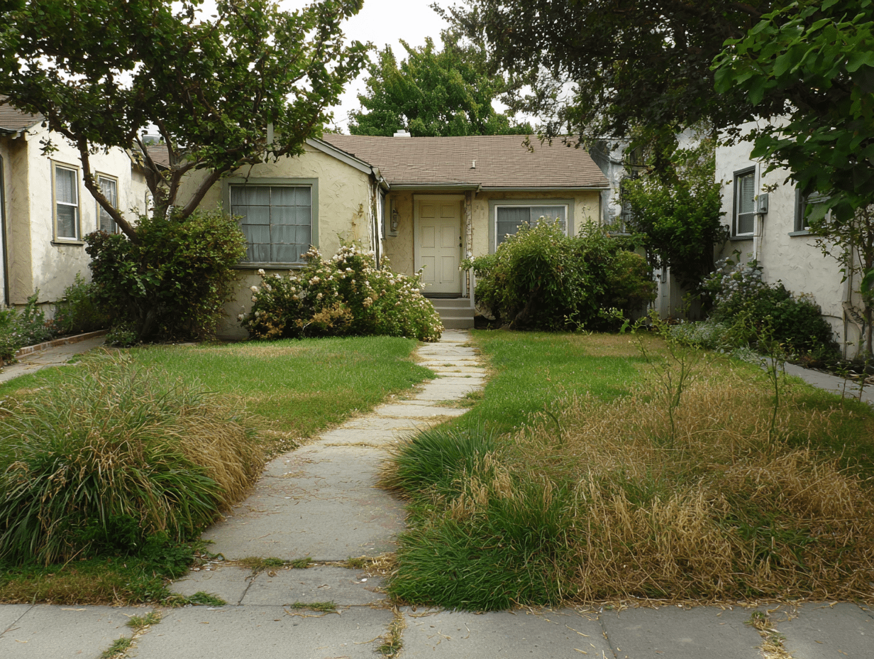 Overgrown front yard with patchy grass, a single bush, and a cracked concrete walkway before a landscaping makeover.