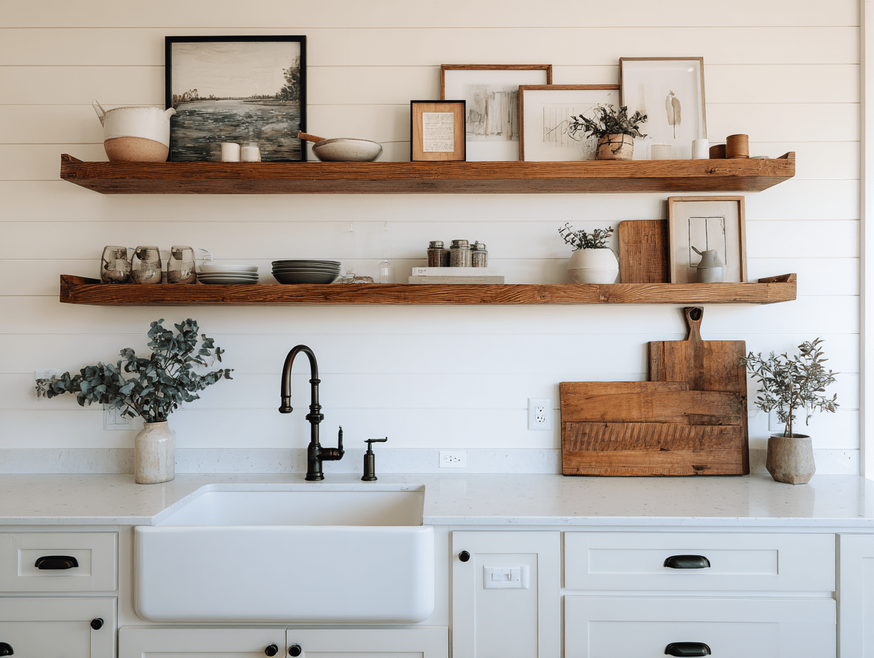White modern farmhouse kitchen with wood open shelving, matte black hardware, and warm vintage-inspired faucet.