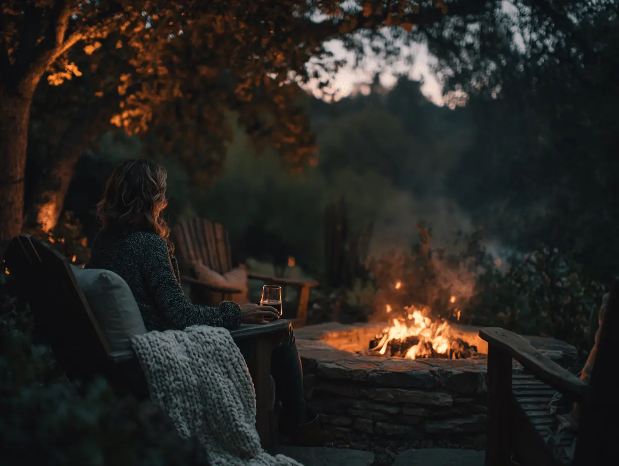Person next to a fire pit with flickering flames, surrounded by quiet and soft evening light