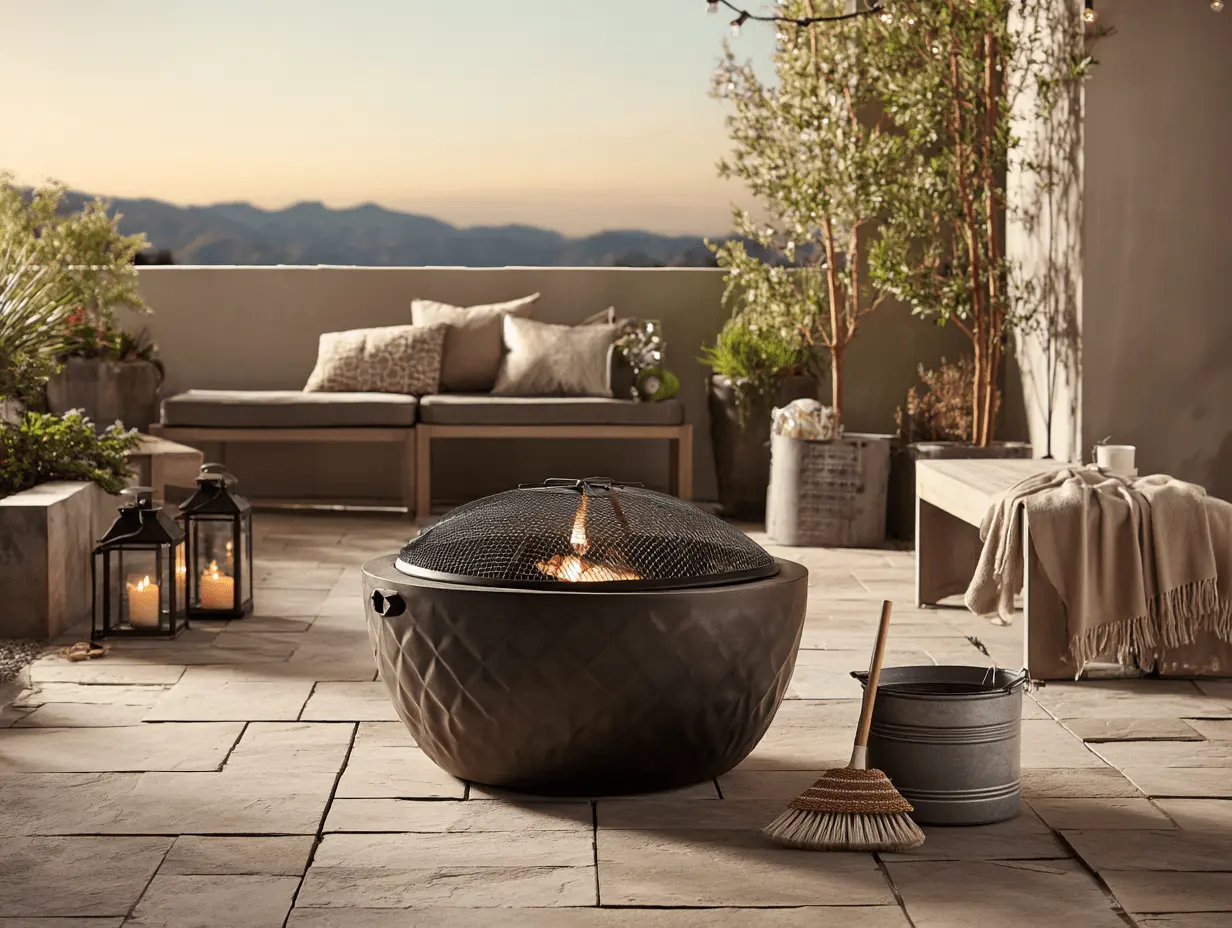 Covered fire pit with side table and storage bin on a clean patio with layered outdoor decor