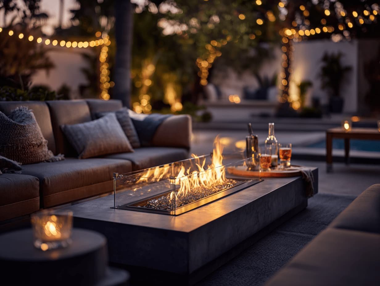 Sleek propane fire pit table glowing in a cozy backyard setup with seating and ambient lights