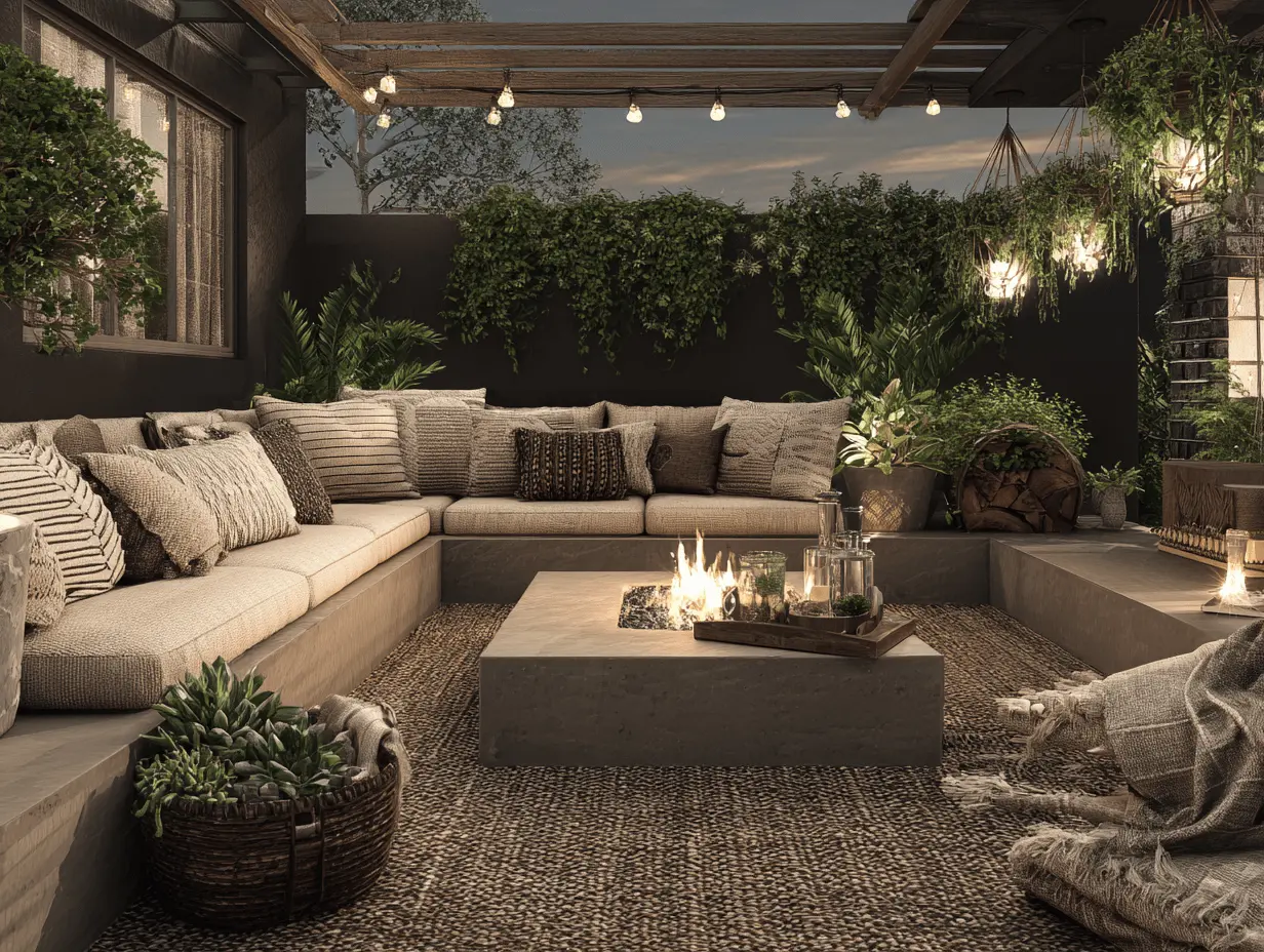 Backyard sectional sofa around a fire pit with pillows, throws, and lanterns for a cozy setup