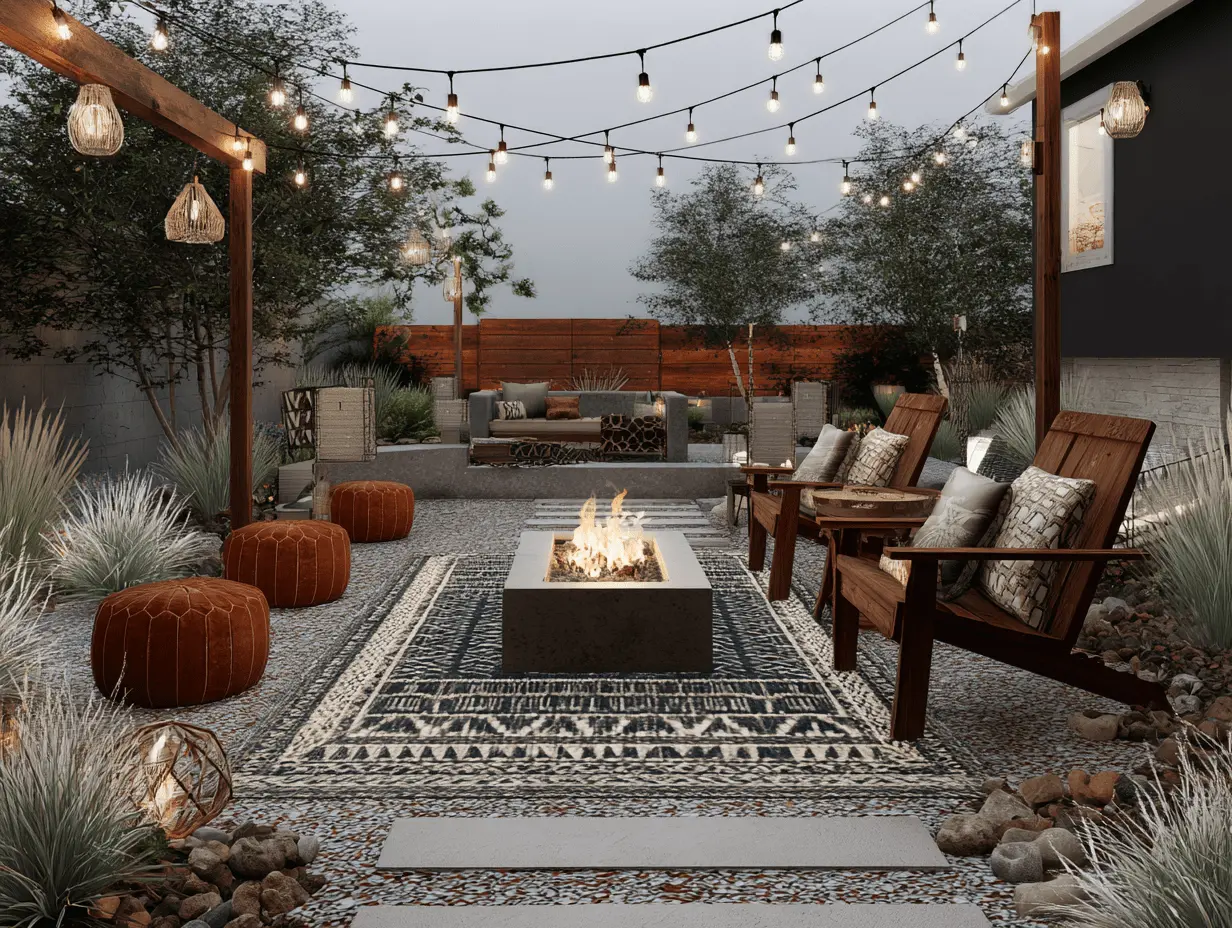 Patterned outdoor rug under a fire pit setup, surrounded by chairs and string lights for a layered look