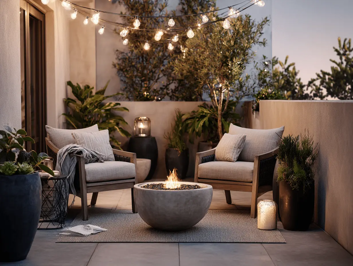 Small patio setup with fire bowl, chairs, and cozy lighting around a fire pit space