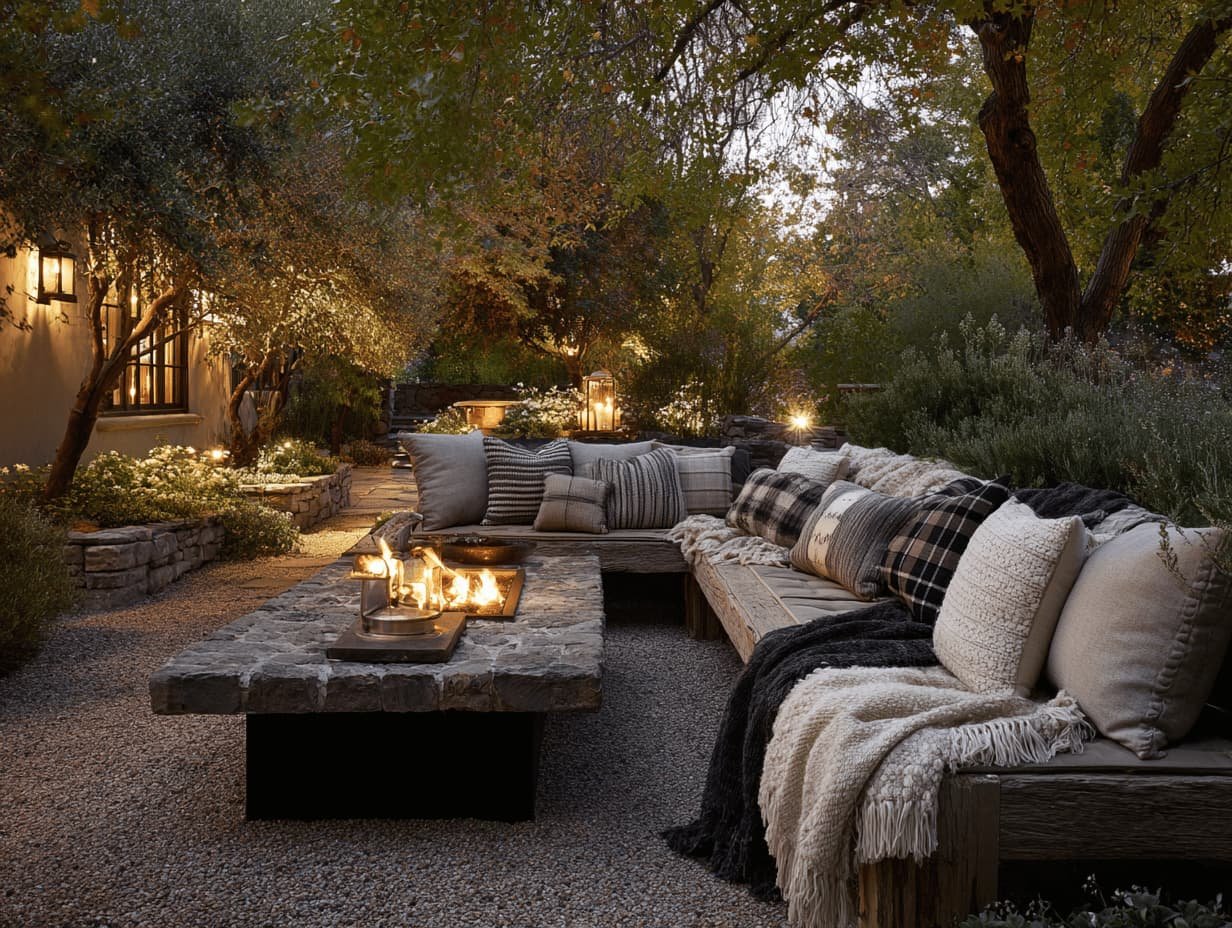 Backyard fire pit with string lights, soft seating, and a warm glow under twilight skies