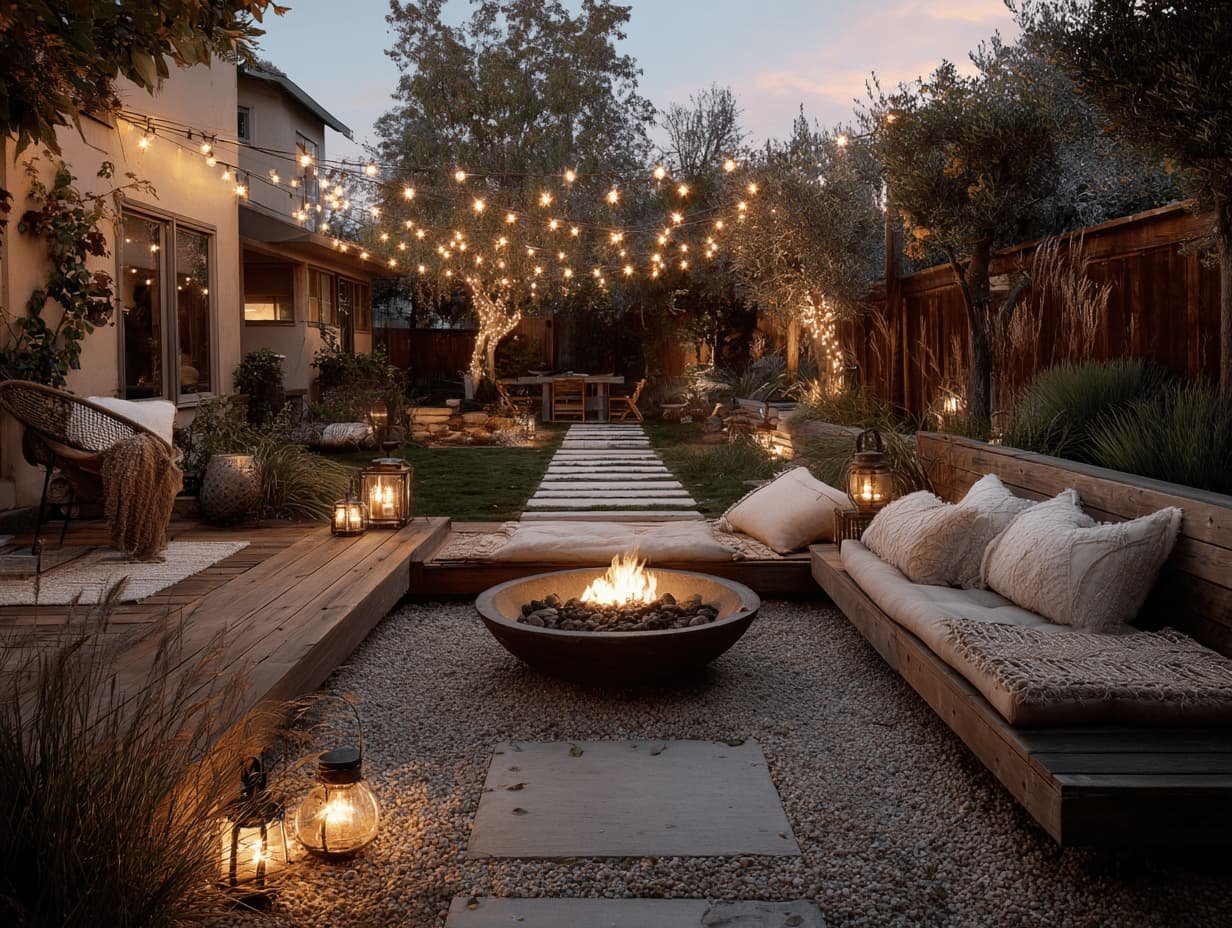 Outdoor patio with fire pit, gravel base, chairs, and string lights creating a defined space