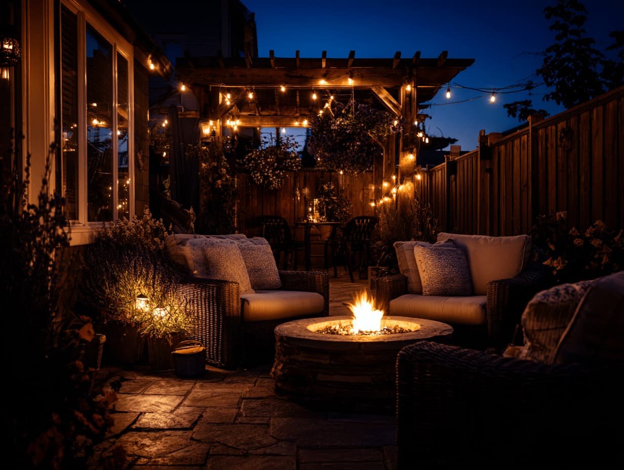 String lights hanging above a fire pit patio, glowing softly against a dark sky with cozy seating below