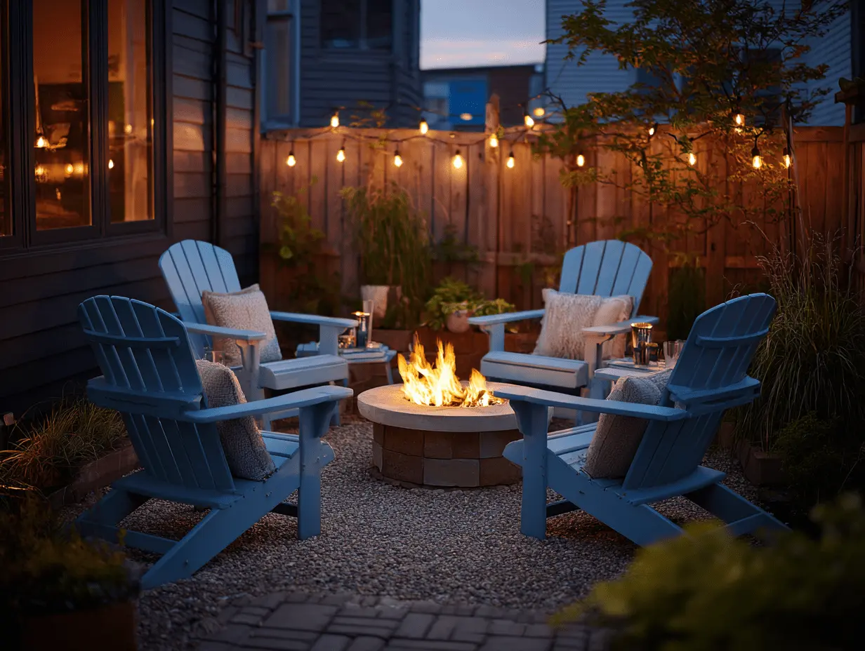 Backyard fire pit with four Adirondack chairs, pillows, and blankets surrounding soft flames