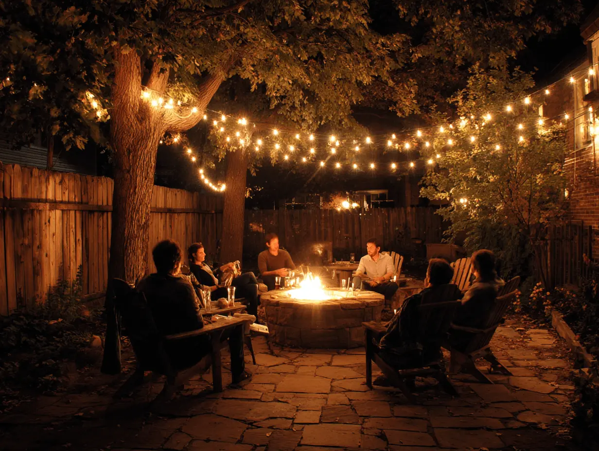 People gathered around a fire pit at night, with laughter, drinks, and a warm glow under string lights